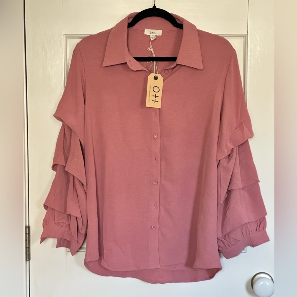 NWT Ott Women's Gorgeous Dusty Rose Ruffled Sleeve Top - size XL